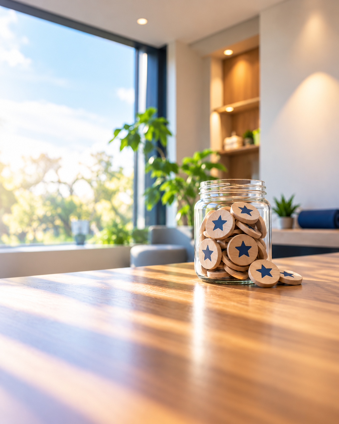 Sunlit Wellness Lounge with Star Tokens