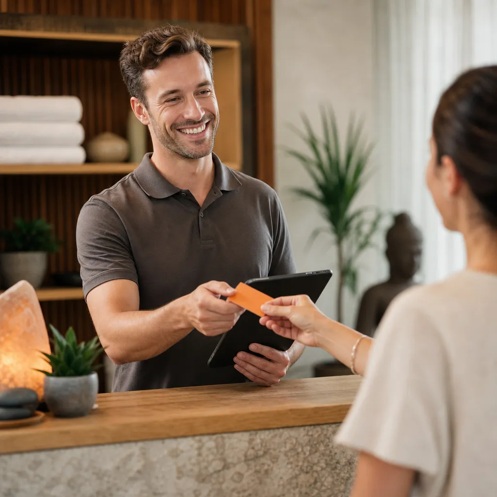 Male staff member applying a points discount at the reception counter